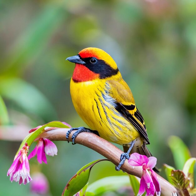 PSD un pájaro con cabeza amarilla y plumas rojas se sienta en una rama con una flor al fondo