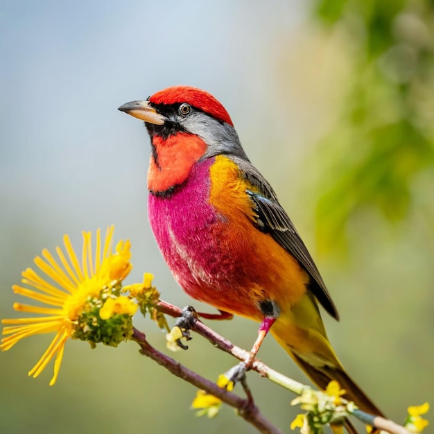 Un pájaro con cabeza amarilla y plumas rojas se sienta en una rama con una flor al fondo