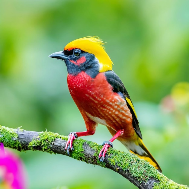 PSD un pájaro con cabeza amarilla y plumas rojas se sienta en una rama con una flor al fondo