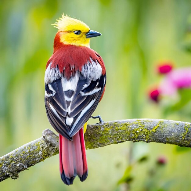 Un pájaro con cabeza amarilla y plumas rojas se sienta en una rama con una flor al fondo