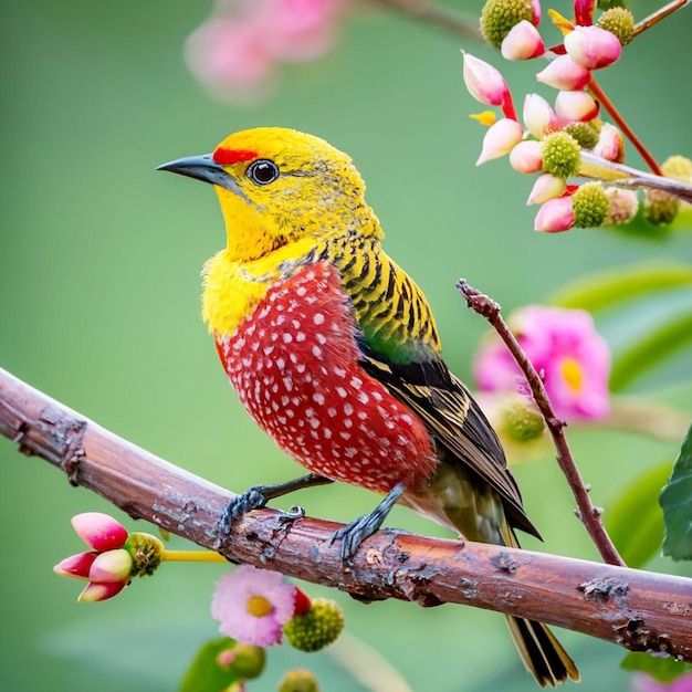 PSD un pájaro con cabeza amarilla y plumas rojas se sienta en una rama con una flor al fondo