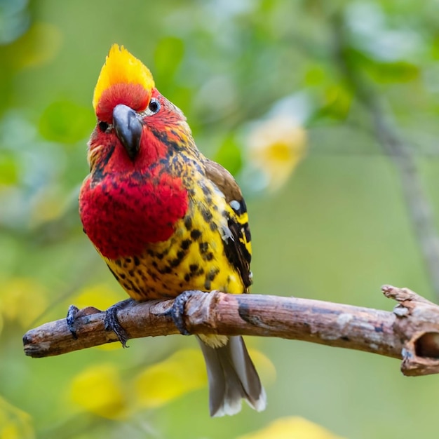 PSD un pájaro con cabeza amarilla y plumas rojas se sienta en una rama con una flor al fondo