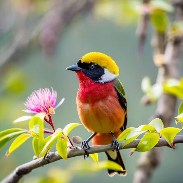 PSD un pájaro con cabeza amarilla y plumas rojas se sienta en una rama con una flor al fondo