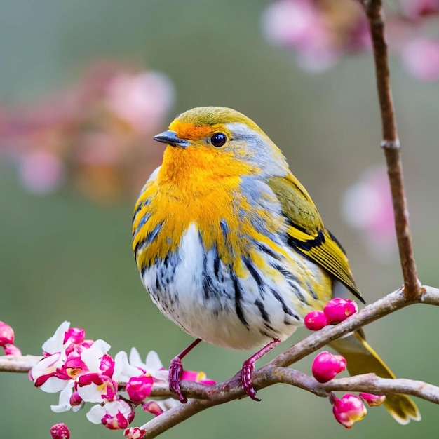 PSD un pájaro con cabeza amarilla y plumas rojas se sienta en una rama con una flor al fondo