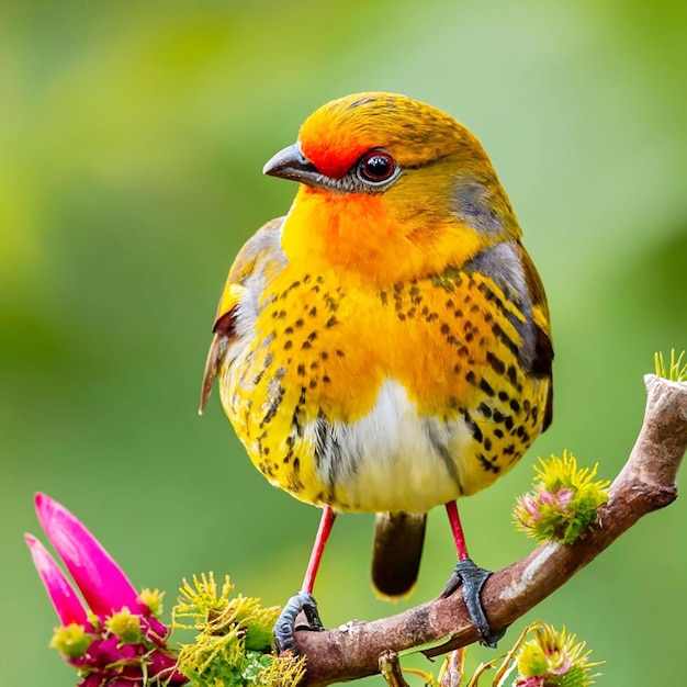 PSD un pájaro con cabeza amarilla y plumas rojas se sienta en una rama con una flor al fondo