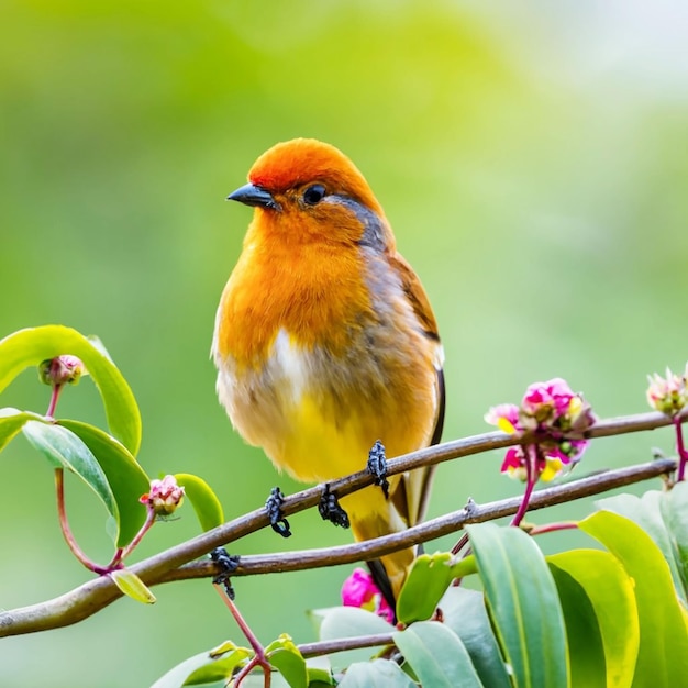 PSD un pájaro con cabeza amarilla y plumas rojas se sienta en una rama con una flor al fondo