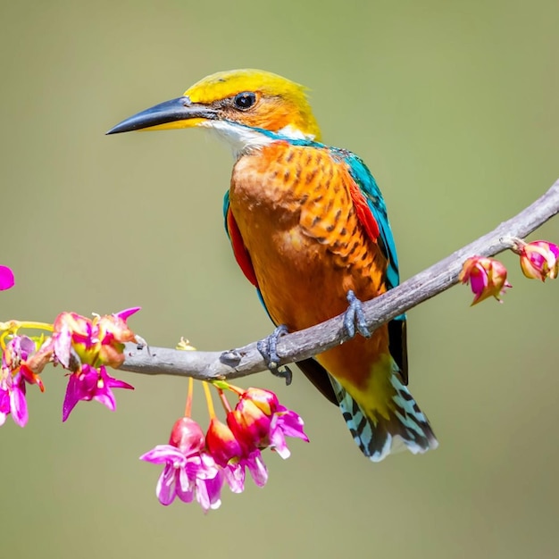 PSD un pájaro con cabeza amarilla y plumas rojas se sienta en una rama con una flor al fondo