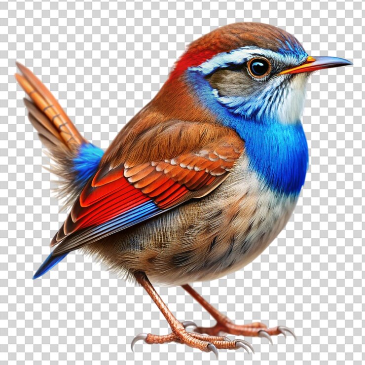 PSD un pájaro con una cabeza azul y alas rojas de pie en un fondo transparente