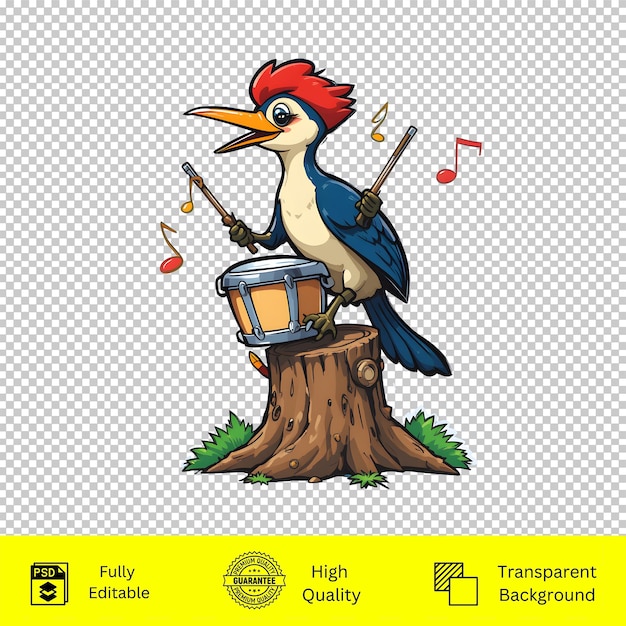 El pájaro carpintero aislado tocando el tambor en el tronco de un árbol