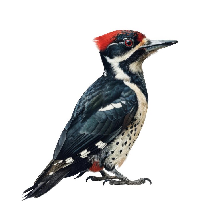 PSD un pájaro carpintero blanco y negro con una cresta roja en contra