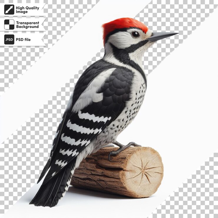 PSD un pájaro carpintero está sentado en un tronco con una imagen de un pájario carpintero en él