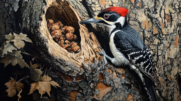 PSD el pájaro carpintero en un hueco de árbol con comida