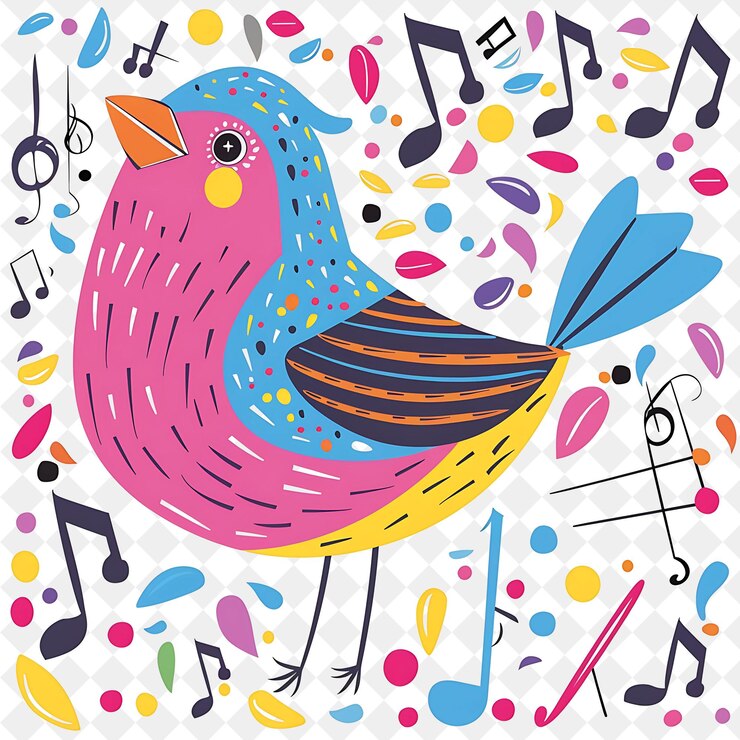 PSD un pájaro de colores con un fondo de colores con notas de música y un fondo de color
