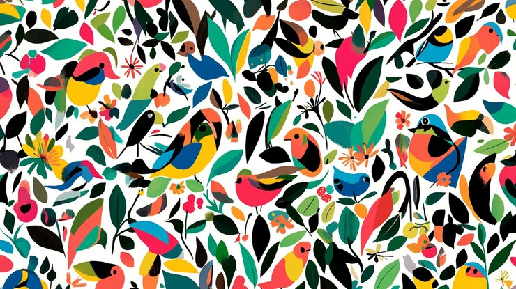 PSD un pájaro de colores y un patrón floral sin costuras