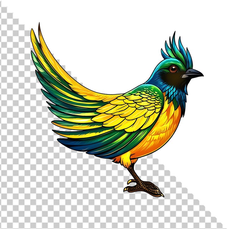 PSD un pájaro de colores con plumas amarillas de fondo transparente