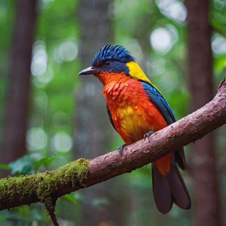 PSD un pájaro colorido se sienta en una rama en un bosque tropical