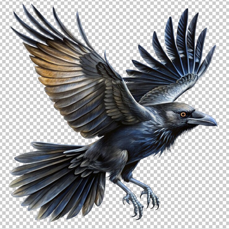 PSD el pájaro cuervo negro vuela de cerca el animal de tinta