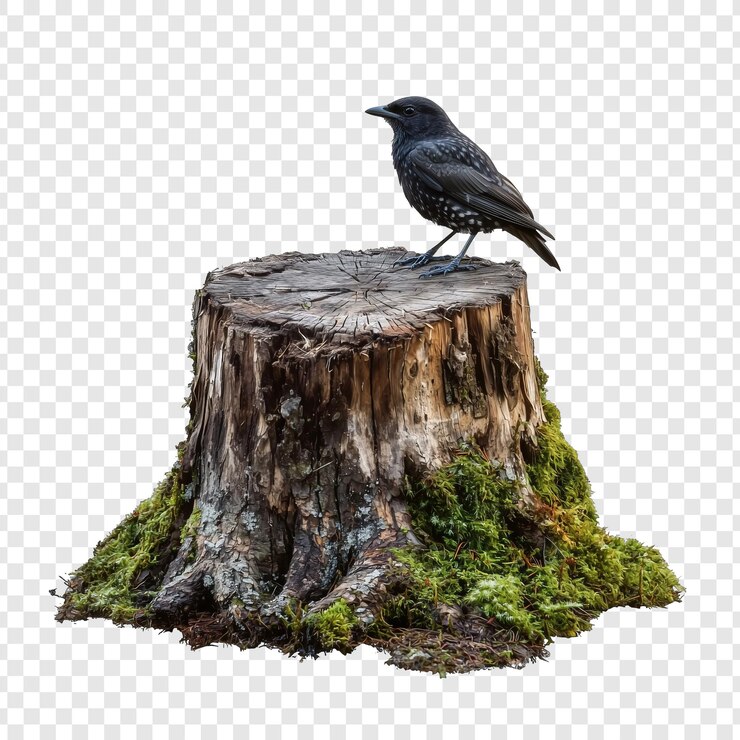 PSD un pájaro estornudo posado en un tronco de árbol de musgo