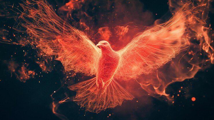 PSD pájaro fénix ardiente en vuelo diseño abstracto de fuego y humo