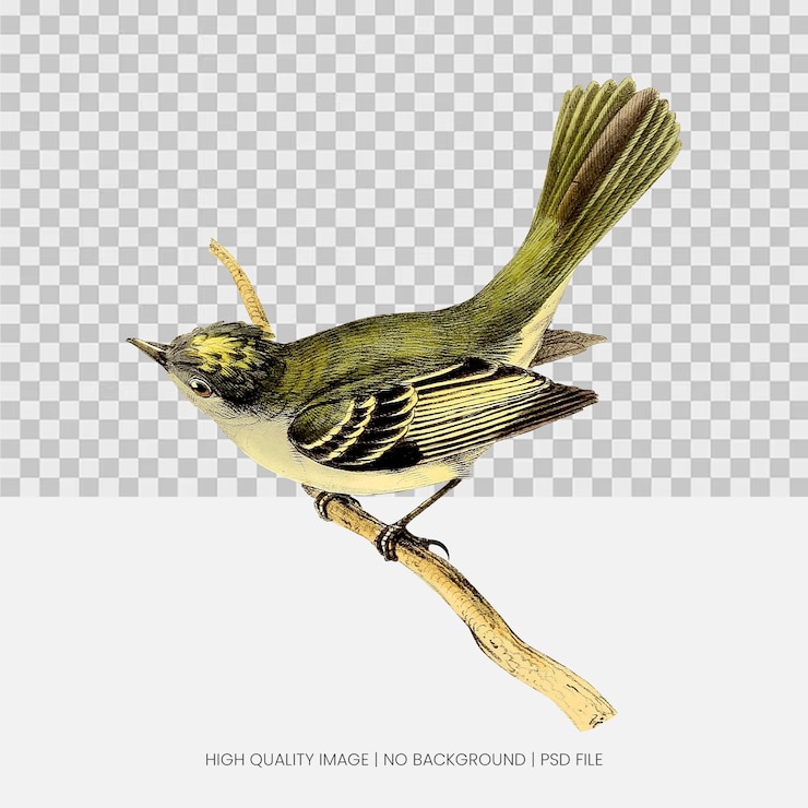 PSD un pájaro con una larga cola está volando sobre un palo de madera