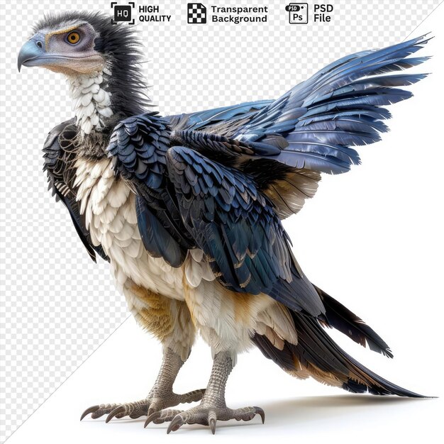 PSD pájaro microraptor con alas negras y azules cabeza gris y pico negro en un fondo aislado