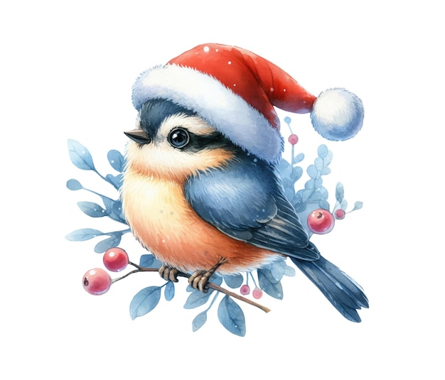 Pájaro de navidad en un sombrero de papá noel en una ilustración de acuarela en una rama de árbol