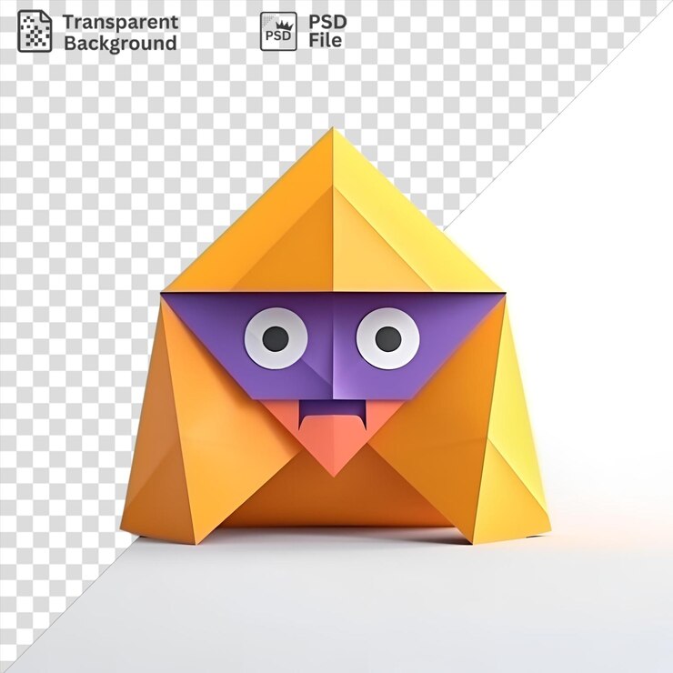 PSD pájaro de origami con ojos blancos y negros y un triángulo naranja y amarillo sobre un fondo blanco