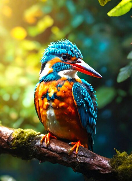 Un pájaro pescador colorido sentado en una rama de un árbol