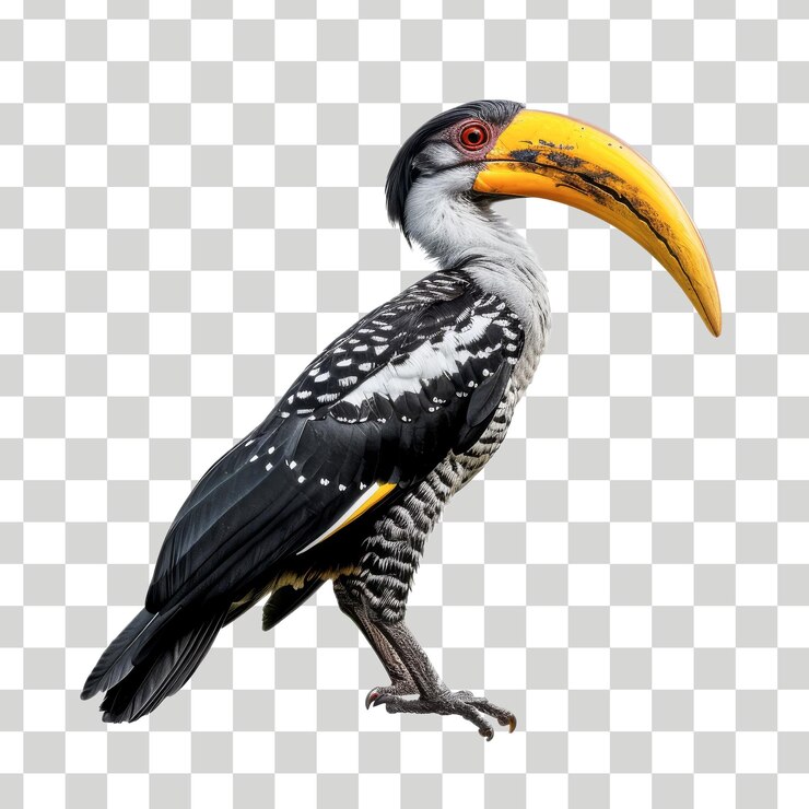 un pájaro con un pico amarillo y puntos blancos en la cabeza
