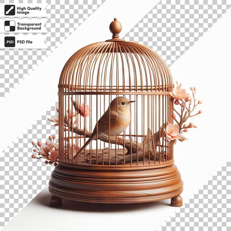 PSD pájaro psd en jaula de pájaros con flores en fondo transparente con capa de máscara editable