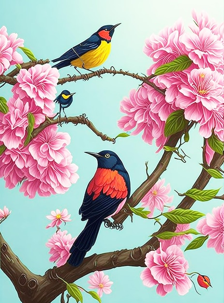 Pájaro en una rama con flores.