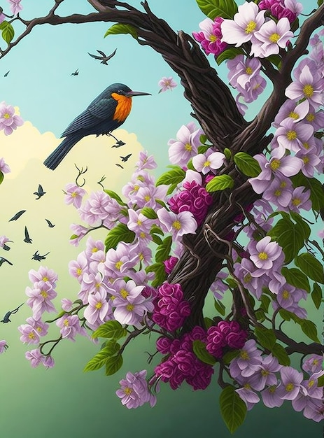 Pájaro en una rama con flores