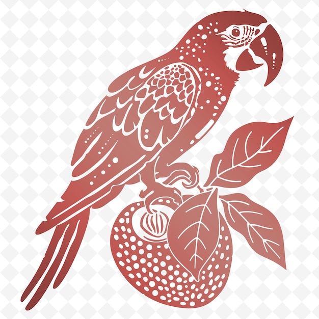 Un pájaro rojo y negro en una rama con una fruta en la esquina superior izquierda