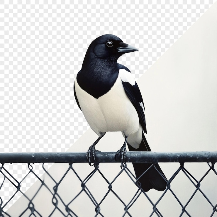 PSD un pájaro se sienta en una valla con un alambre que tiene un patrón cuadrado en él
