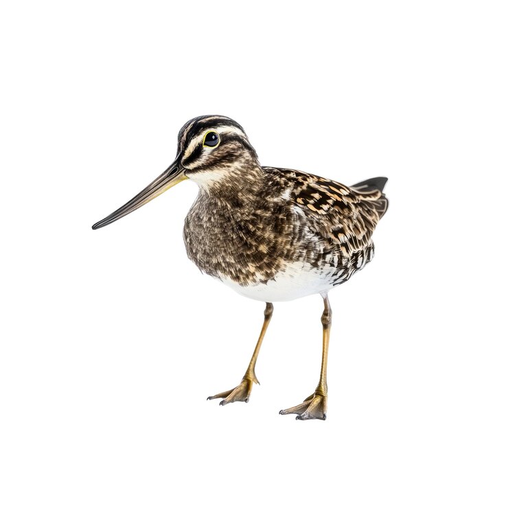 PSD el pájaro snipe común de pie sobre un fondo blanco