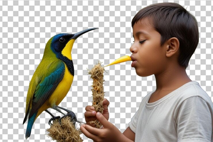 PSD el pájaro del sol de espalda de olivo el pájaro padre alimentando al bebé