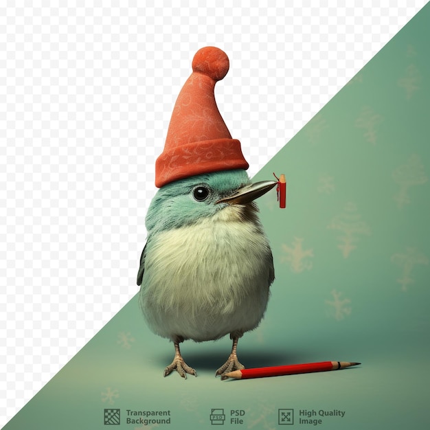 PSD un pájaro con un sombrero de papá noel escribiendo con una idea de descuento con lápiz rojo