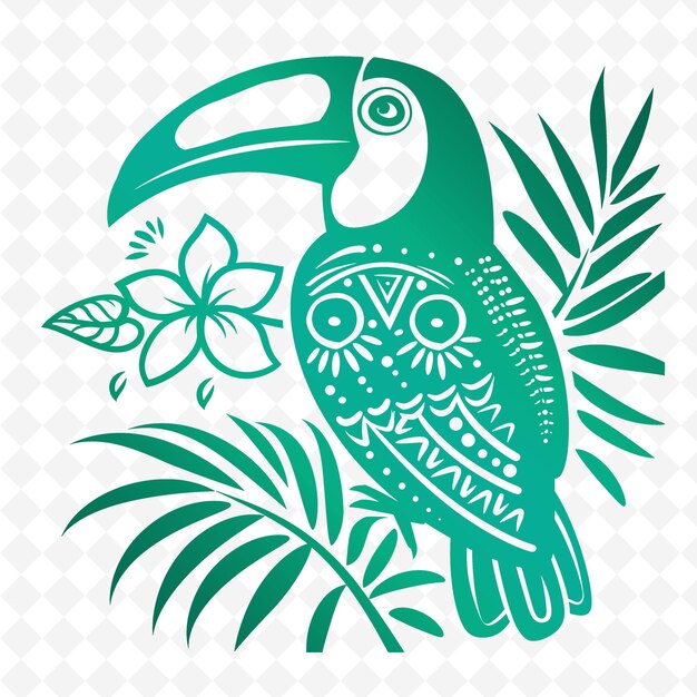 PSD un pájaro verde y blanco con hojas y flores tropicales