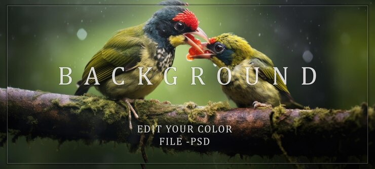 PSD el pájaro verde y el rojo alimentan a un pollito