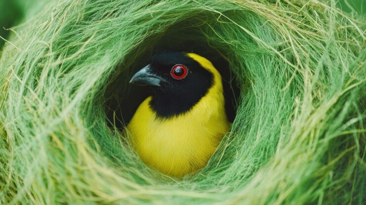 PSD un pájaro vibrante anidado en un nido verde