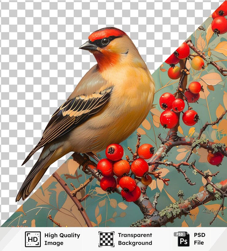 PSD un pájaro vívido posado en una rama con abundantes bayas una imagen transparente que muestra tonalidades de otoño
