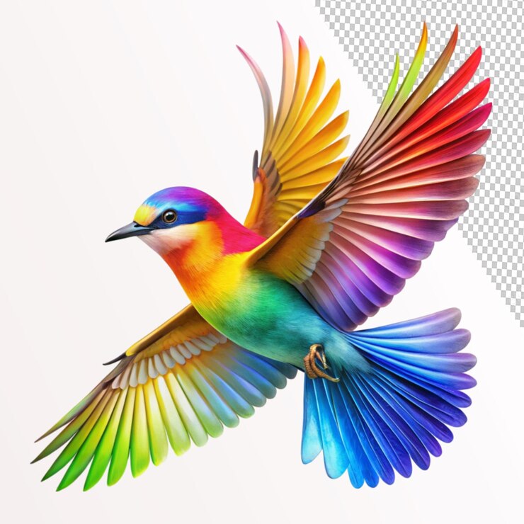 PSD pájaro volador en color arco iris en un fondo transparente