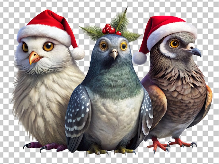 PSD los pájaros alegres en los sombreros de papá noel para la celebración de navidad
