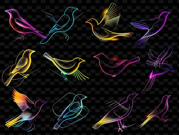 PSD pájaros coloridos en un fondo negro con un arco iris de colores