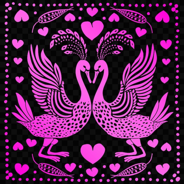 PSD pájaros rosados con corazones sobre un fondo negro
