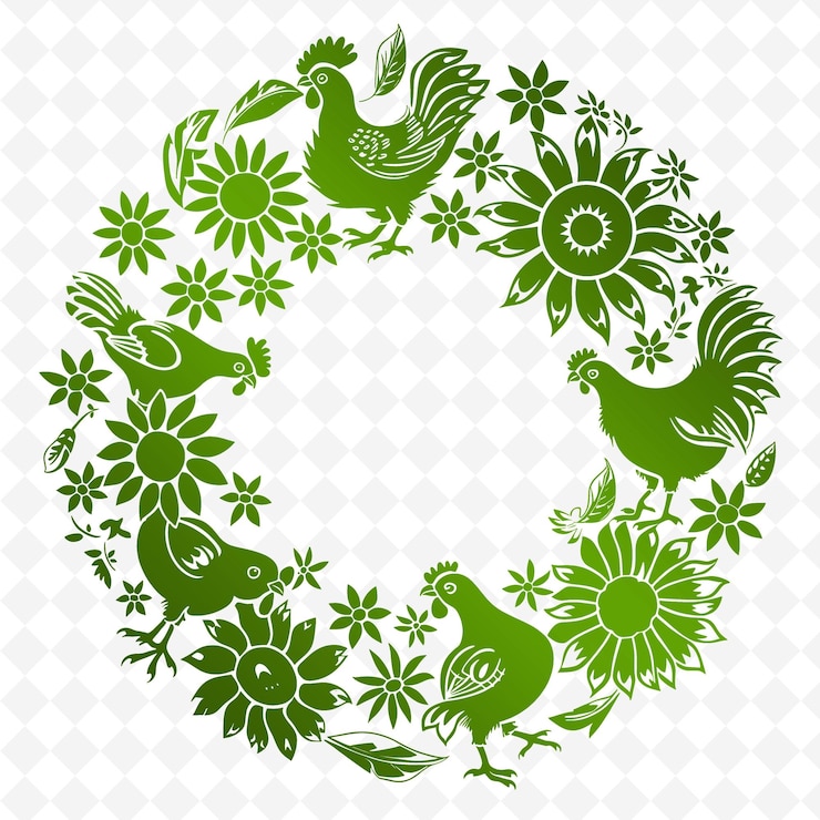 PSD pájaros verdes y flores en un círculo en un fondo blanco ilustración de arte vectorial