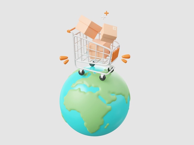 Paketboxen im Einkaufswagen auf dem Globus Globales Einkaufs- und Lieferservice-Konzept