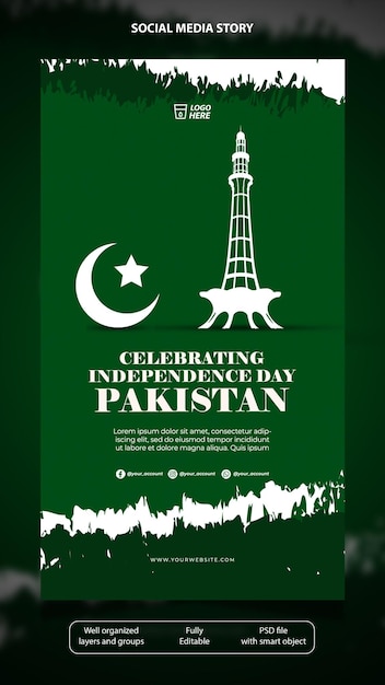PSD pakistan-unabhängigkeitstag-social-media-geschichte mit grünem hintergrund