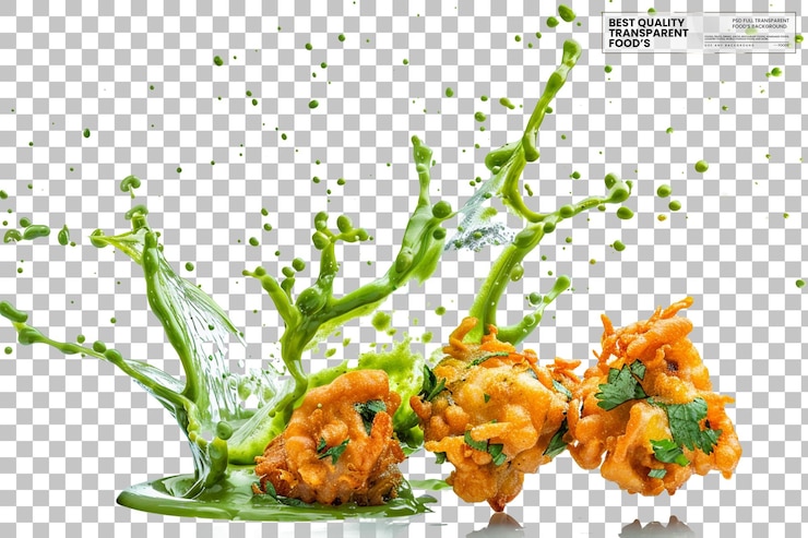 PSD pakore indiane colorate e piccanti che si innalzano in chutney alla menta su uno sfondo trasparente