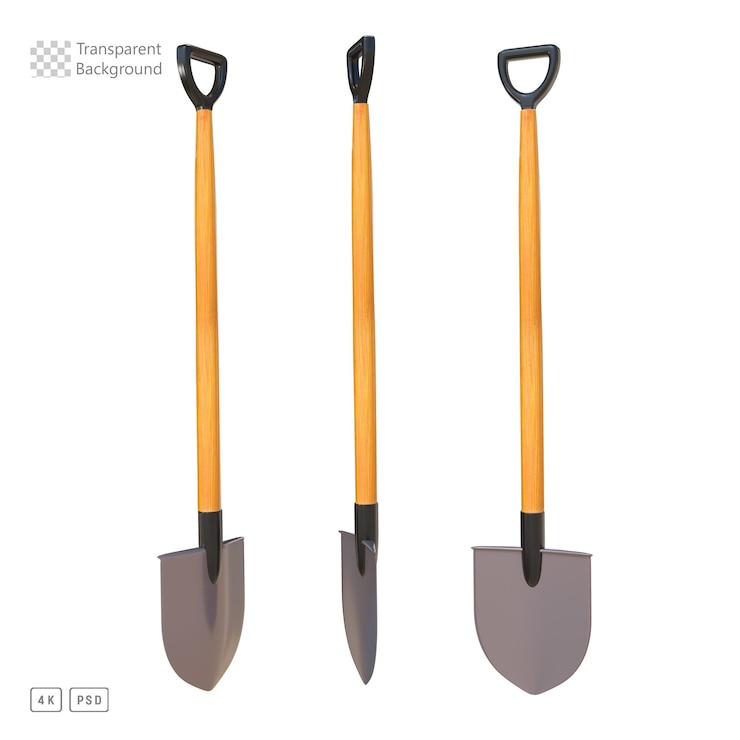 PSD pala de boca redonda de representación 3d con vista de ángulo diferente de mango de madera